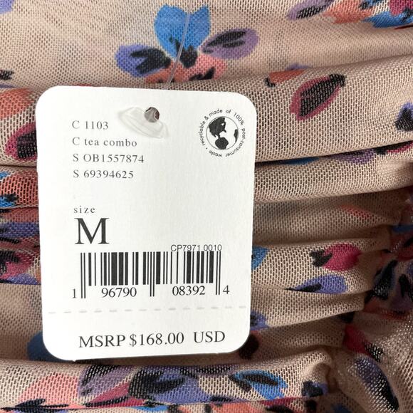 Free People Briella Dress Ruched Midi Tea Combo Floral Side Slit Puff Sleeve M - Picture 11 of 15